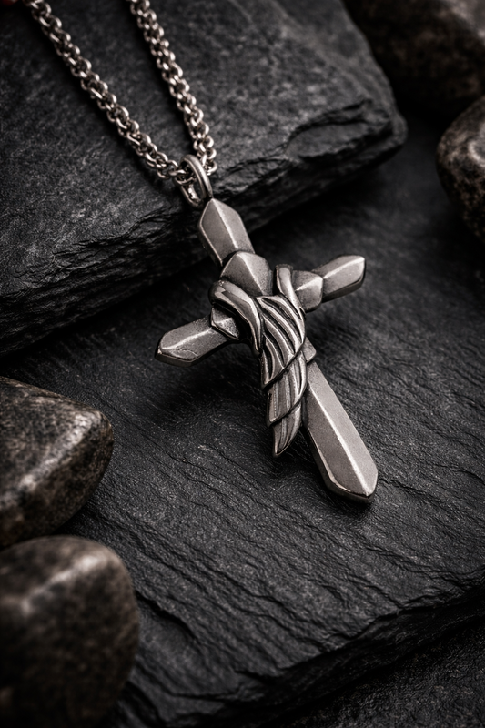 Dark-Luxury Still-Life:
„Edelstahl-Kreuzanhänger Tide Cross in antiker Silberoptik als dunkles Premium Still-Life auf Schiefer, Fokus auf Details, Lieferung ohne Kette“