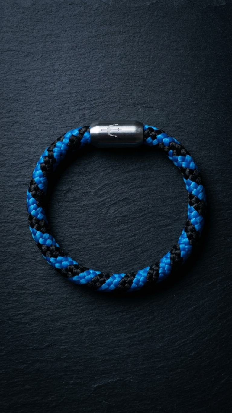 Blau schwarzes geflochtenes segeltauarmband mit Edelstahlverschluss als Produktfoto auf dunklem Schiefer
