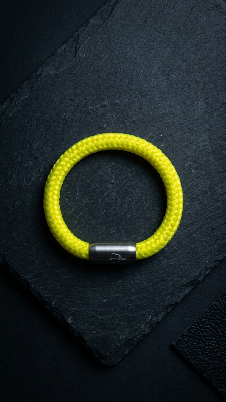 Neon gelbes Segeltauarmband dicht auf einer Platte