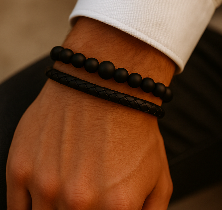 Armband Set Leder & Onyx – Unisex Bundle Night Signature