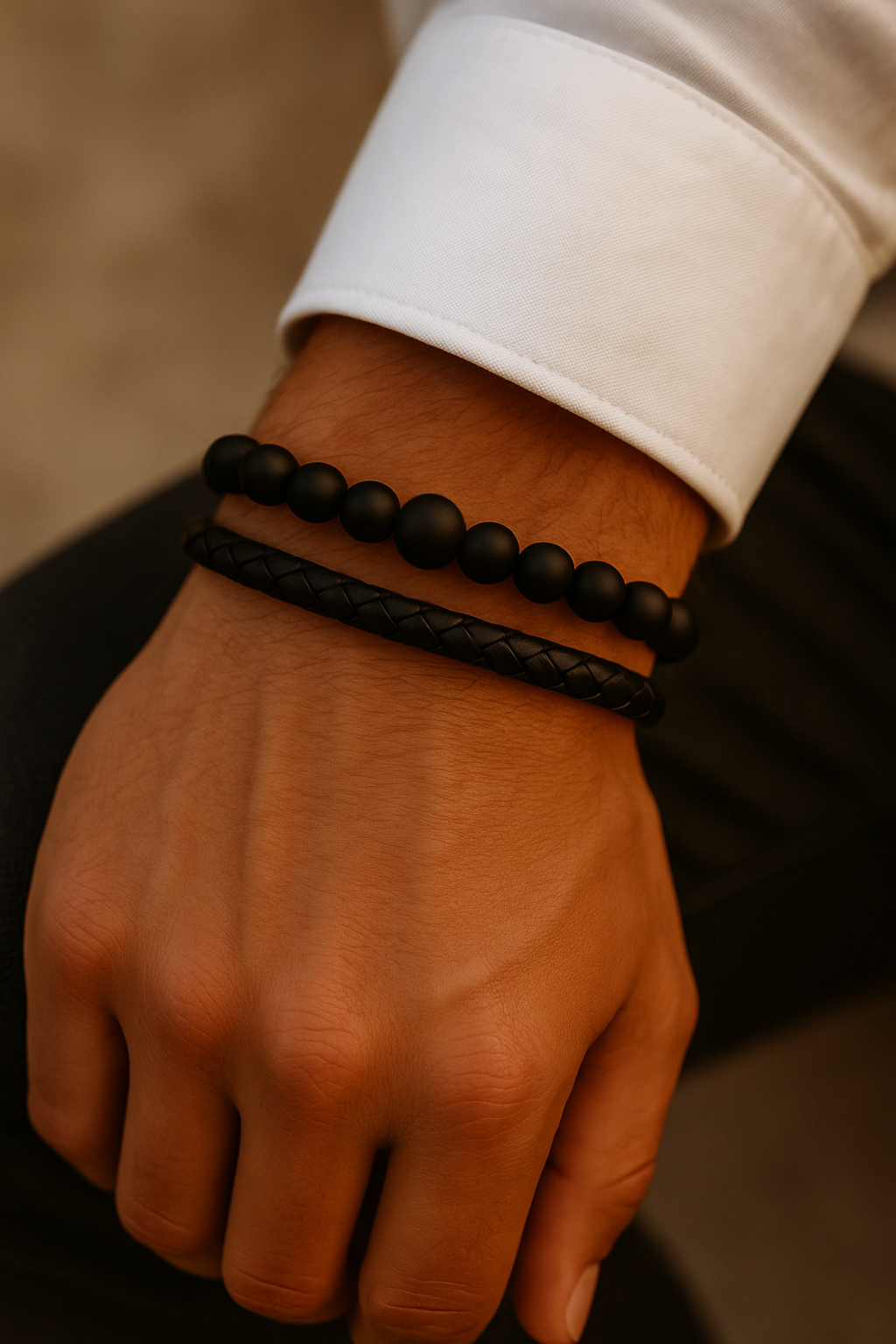 Armband Set aus schwarzem Leder und matten Onyx-Perlen – Unisex Schmuck für Damen und Herren