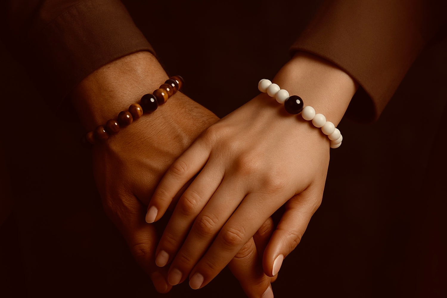 Gefertigt aus feinsten 8-mm Tigerauge-Perlen und schimmerndem mattem Onyx auf der einen, ruhigem Weiß mit dunklem Zentrum auf der anderen Seite – jedes Armband spiegelt die Einzigartigkeit seines Trägers wider.

Gemeinsam getragen stehen sie für Harmonie in Kontrasten – kraftvoll und sanft zugleich.
Ob als Ausdruck einer Partnerschaft oder als stilvolles Statement: Diese Armbänder verbinden. Auf leise, eindrucksvolle Weise.