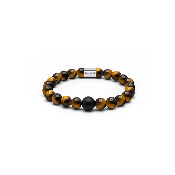 Infinity Balance – Golden Tiger, Tigerauge Armband mit schwarzer Mittelperle