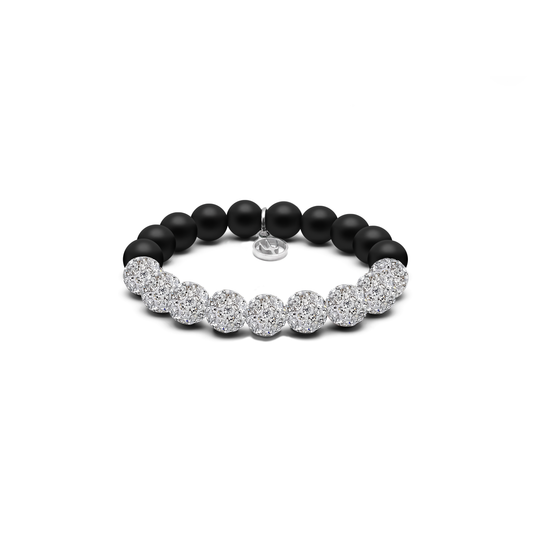 “8 mm Armband aus matten Onyx-Perlen und funkelnden Shamballa-Kristallperlen mit Pavé-Steinen – luxuriöses Accessoire aus der Primus Line.”