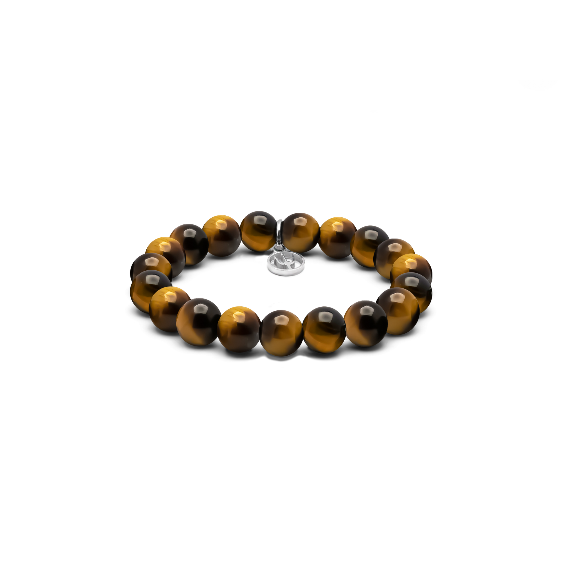 8 mm Armband aus natürlichen Tigerauge-Perlen mit Edelstahl-Charm und Dreizack-Gravur – elegantes Accessoire aus der Primus Line.