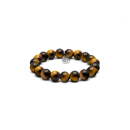8 mm Armband aus natürlichen Tigerauge-Perlen mit Edelstahl-Charm und Dreizack-Gravur – elegantes Accessoire aus der Primus Line.