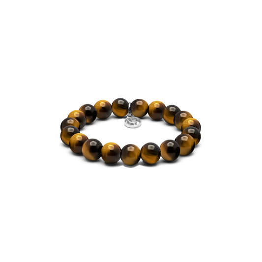 8 mm Armband aus natürlichen Tigerauge-Perlen mit Edelstahl-Charm und Dreizack-Gravur – elegantes Accessoire aus der Primus Line.