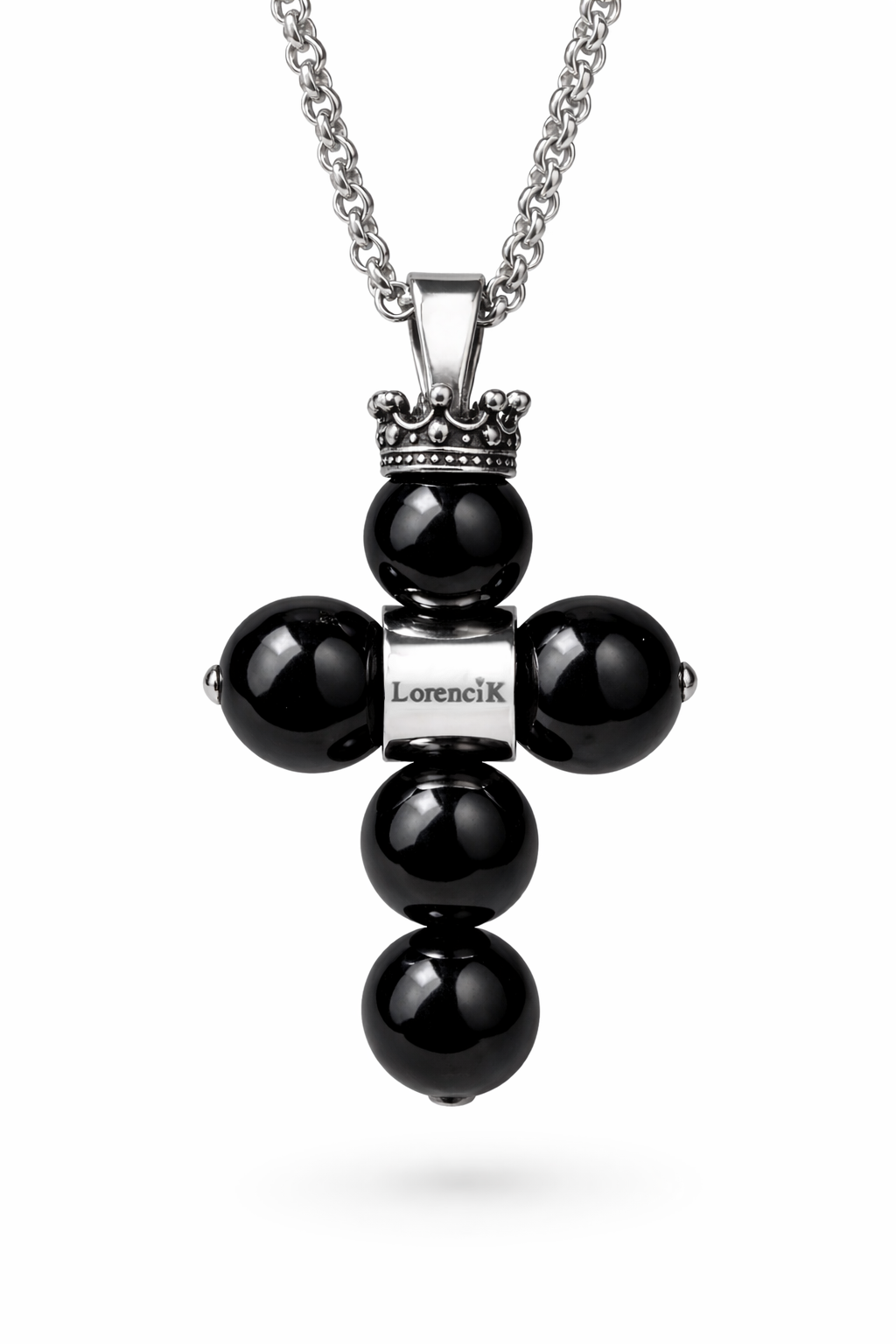 REGALIA Kreuz der Könige Obsidian – Edelstahl-Halskette Herren mit Cross-Anhänger und schwarzen Obsidian-Perlen 10 mm, handgefertigt von Lorencik