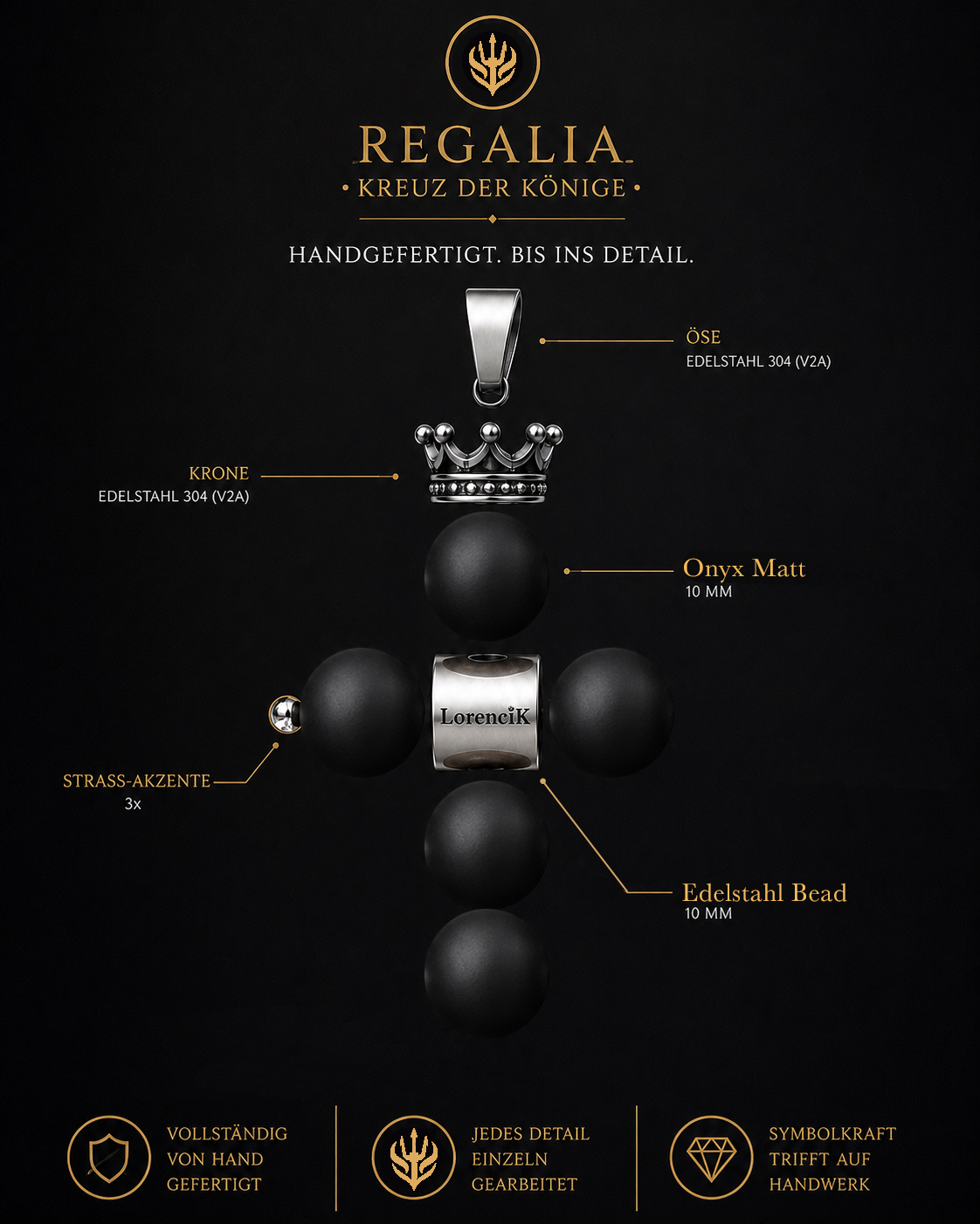 REGALIA – Kreuz der Könige · Onyx matt | Edelstahl Halskette Herren 55cm