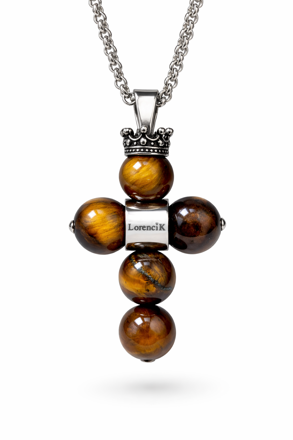 REGALIA Kreuz der Könige Tigerauge – Edelstahl-Halskette Herren mit Cross-Anhänger und goldbraunen Tigerauge-Perlen 10 mm, handgefertigt von Lorencik