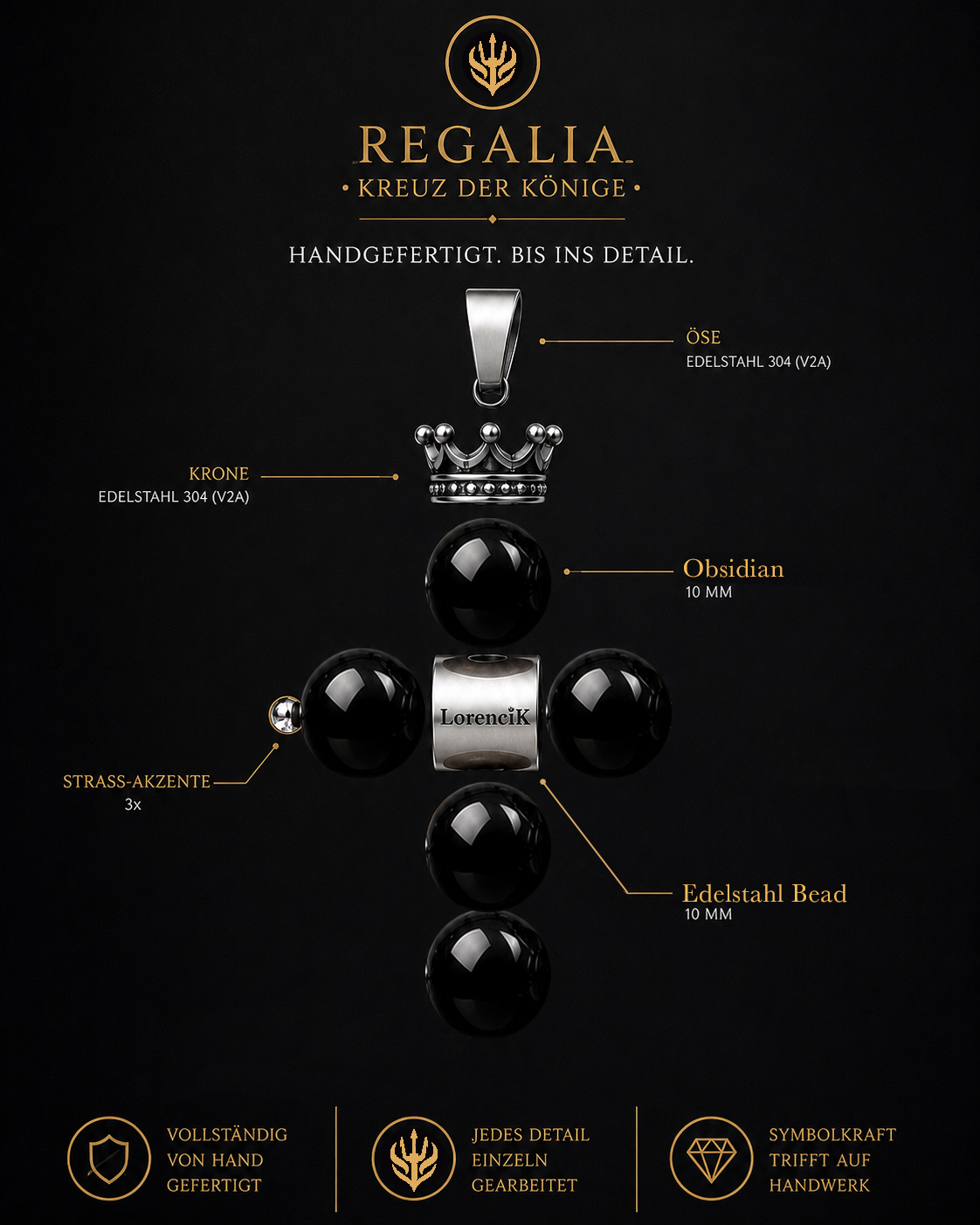 REGALIA – Kreuz der Könige · Obsidian | Edelstahl Halskette Herren 55cm