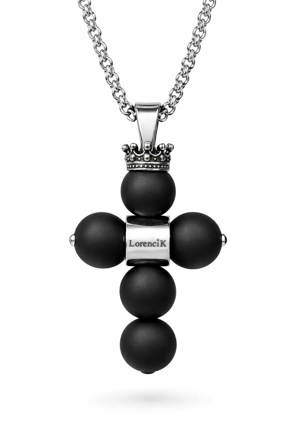 REGALIA Kreuz der Könige Onyx matt – Edelstahl-Halskette Herren mit Cross-Anhänger und matten schwarzen Onyx-Perlen 10 mm, handgefertigt von Lorencik