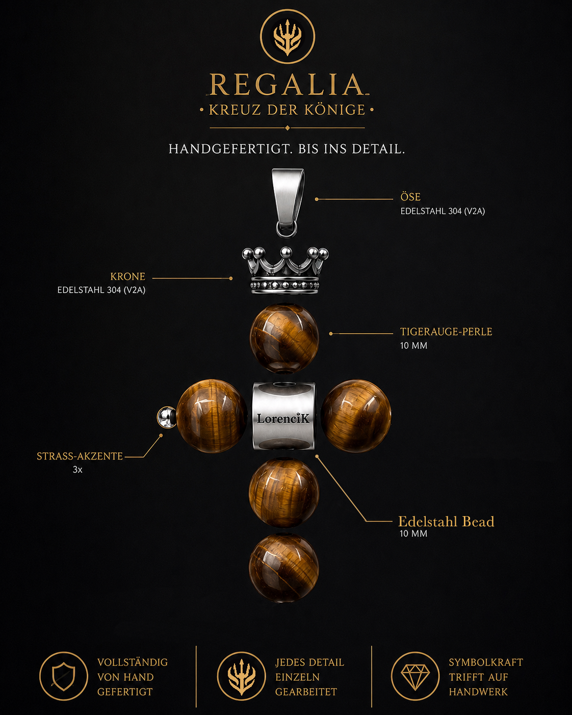 REGALIA – Kreuz der Könige · Tigerauge | Edelstahl Halskette Herren 55cm