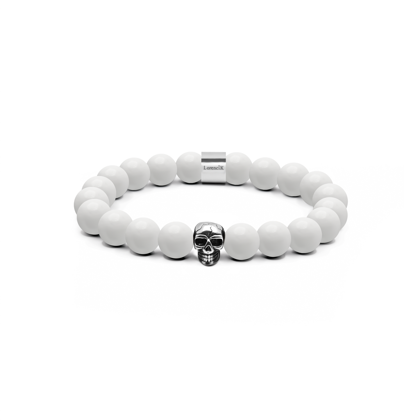 Revenant Crystal Duo – 10 mm glänzendes Malaysia-Jade Armband mit poliertem Edelstahl-Skull und Lorencik-Branding für Männer &amp; Frauen