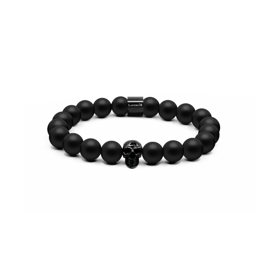Revenant Onyx Black – Schwarzes Onyx-Armband mit schwarzem Edelstahl-Skull und Lorencik-Branding.