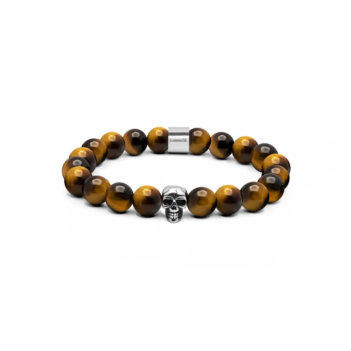 Revenant Tiger – 10 mm Tigeraugen-Armband mit poliertem Edelstahl-Skull und Lorencik-Branding.