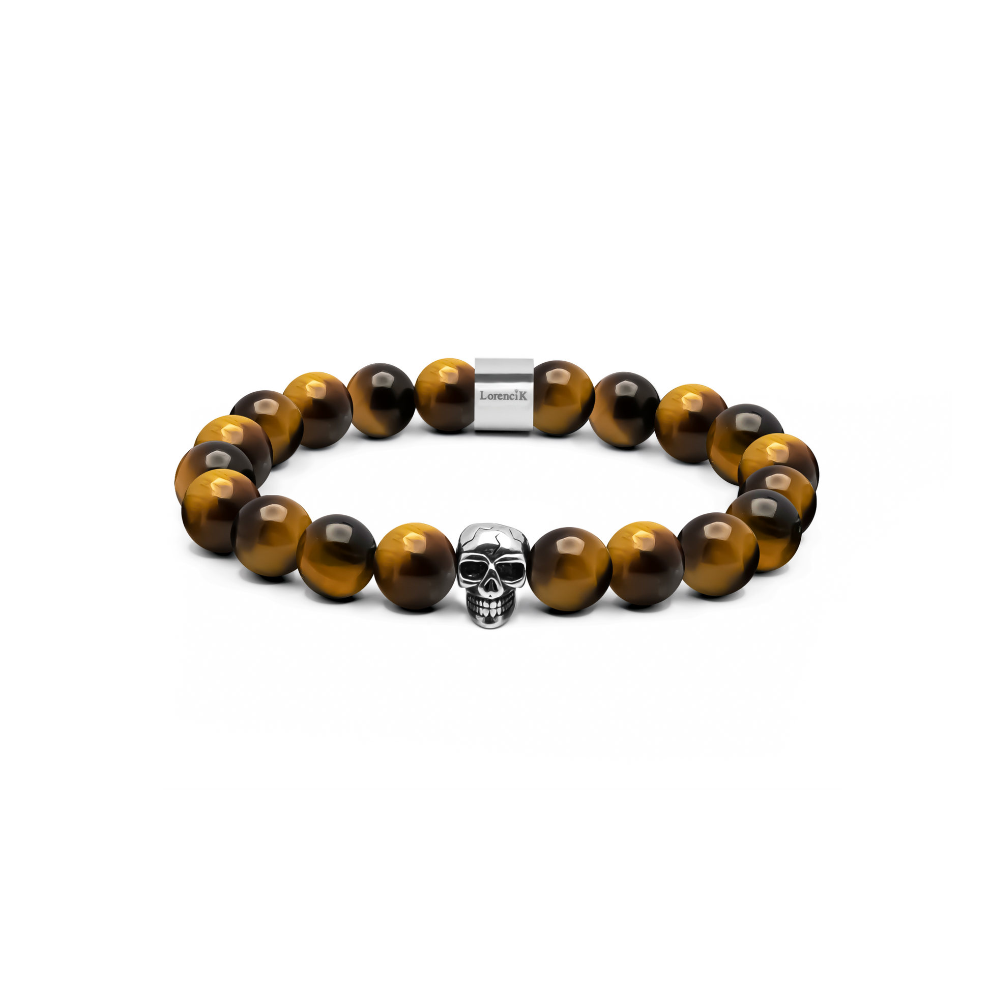 Revenant Tiger – 10 mm Tigeraugen-Armband mit poliertem Edelstahl-Skull und Lorencik-Branding.