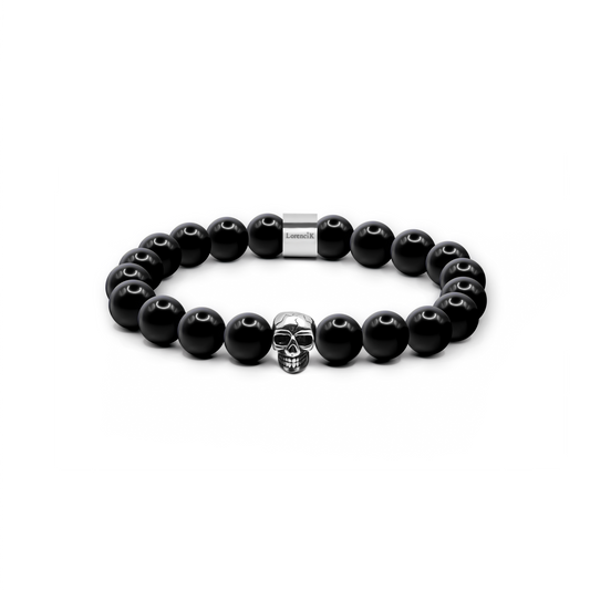 Revenant Obsidian – 10 mm glänzendes Obsidian-Armband mit poliertem Edelstahl-Skull und Lorencik-Branding