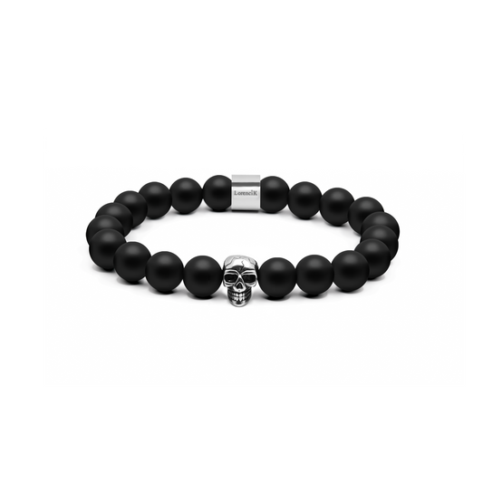 Revenant Steel – Schwarzes Onyx-Armband mit poliertem Edelstahl-Skull und Lorencik-Branding