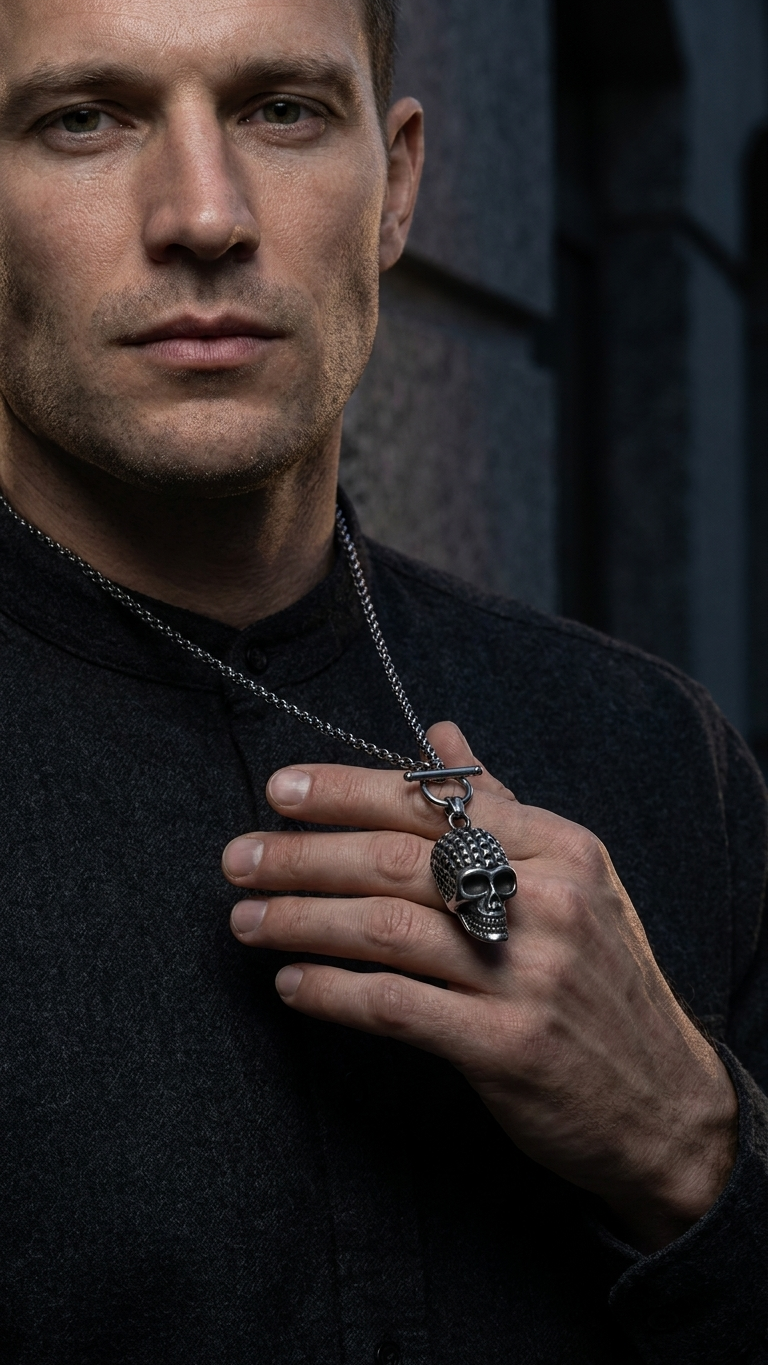 Mann zeigt Skull Mist – Edelstahl Totenkopf Anhänger mit Kette 