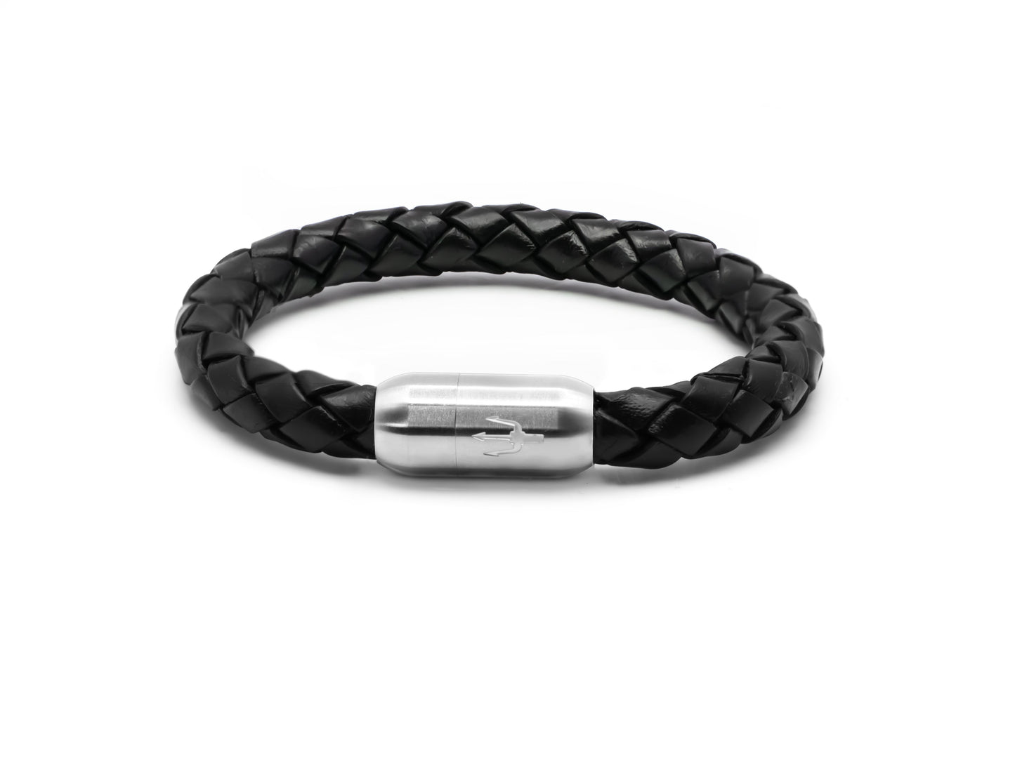 Tridente Onyx – Lederarmband Herren Schwarz 8mm geflochtenes Rindsleder Edelstahl Dreizack handgefertigt Lorencik