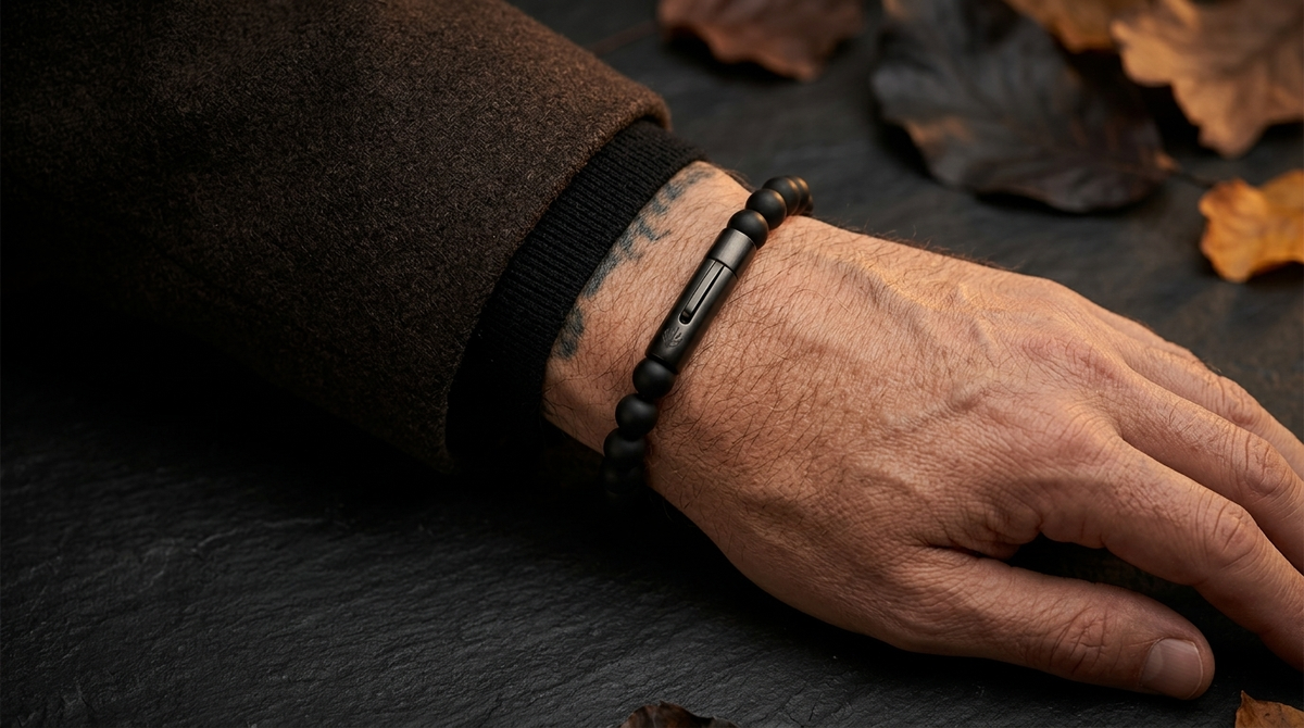 Hebst look brauner Jacke schwarz matten Perlenarmband