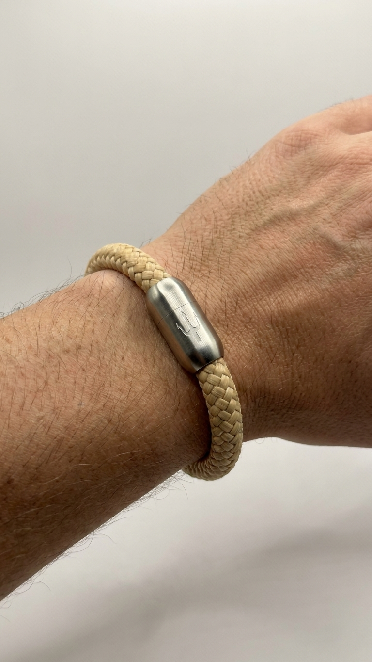 Beiges geflochtenes Seilarmband mit Edelstahlverschluss als Detailaufnahme am Handgelenk