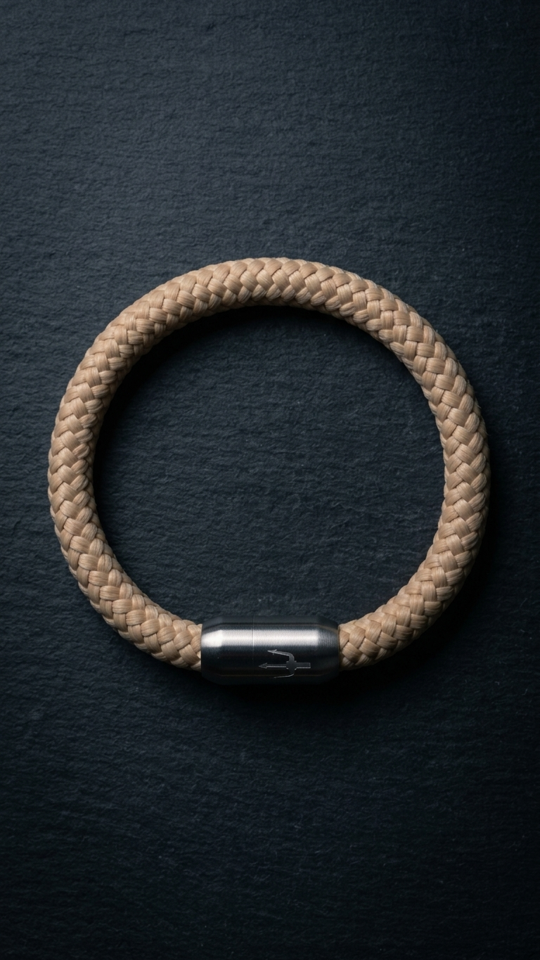 Beiges geflochtenes Seilarmband mit Edelstahlverschluss als Produktfoto auf dunklem Schiefer