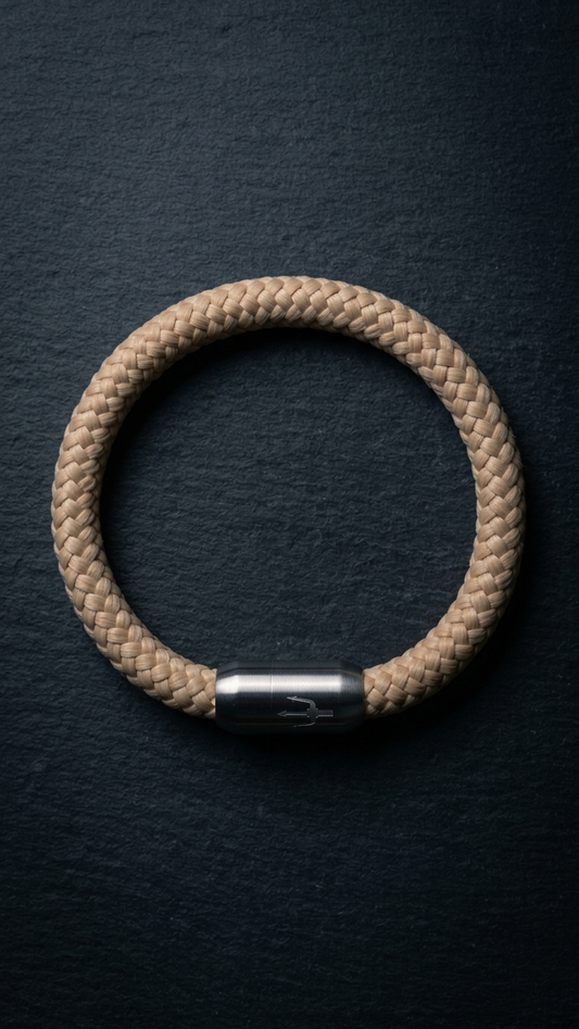 Beiges geflochtenes Seilarmband mit Edelstahlverschluss als Produktfoto auf dunklem Schiefer
