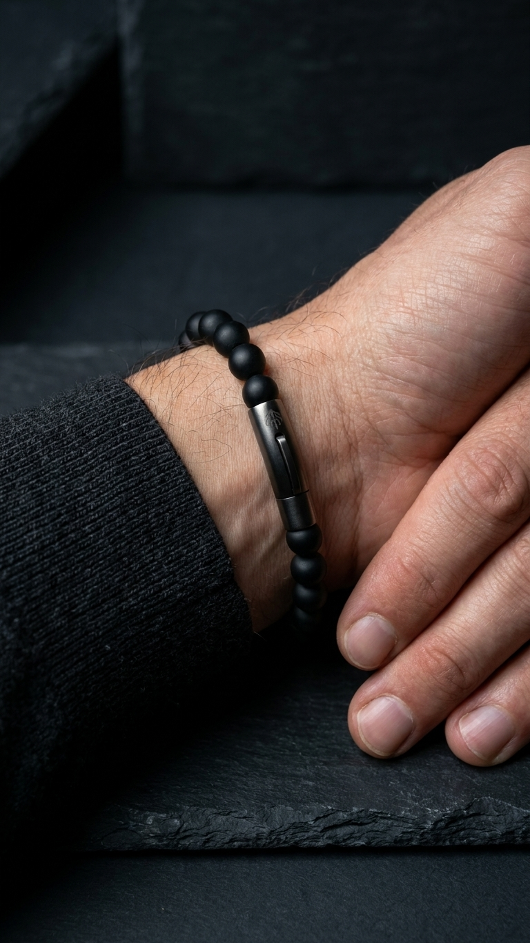 UMBRA mit matten schwarzen Onyxperlen am Handgelenk