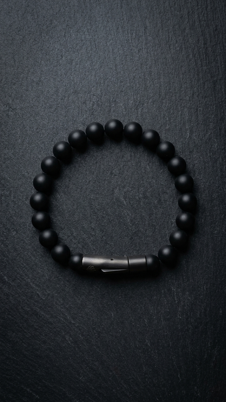 UMBRA mit matten schwarzen 8-mm-Onyxperlen und Gunmetal-Röhrenverschluss auf dunklem Schiefer