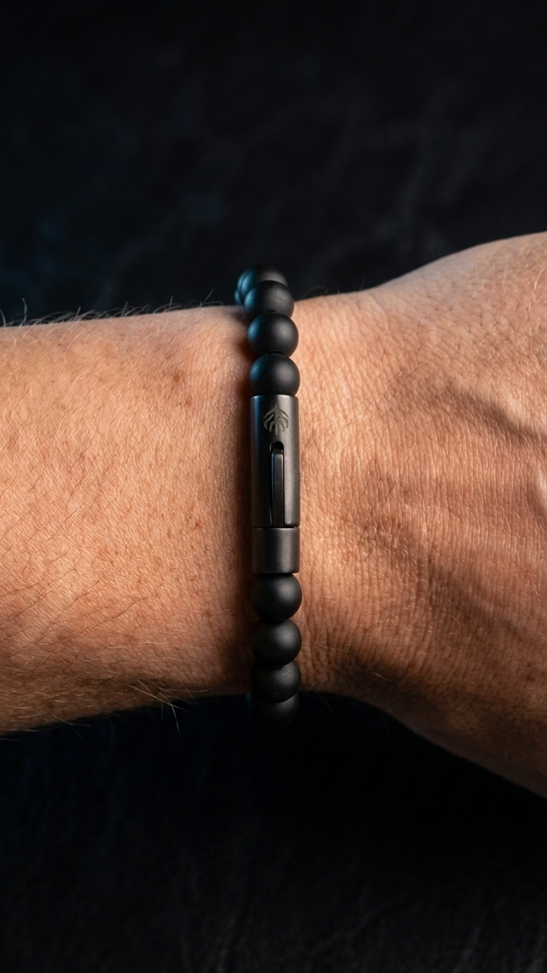 UMBRA Gunmetal-Röhrenverschluss mit dezenter Dreizack-Gravur am Handgelenk