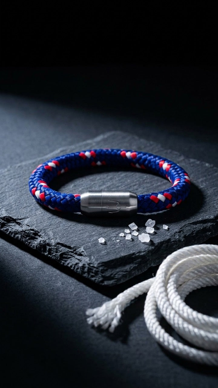 Blau-rot-weisses geflochtenes Armband mit silberfarbenem Dreizack Verschluss auf dunklem Schiefer.