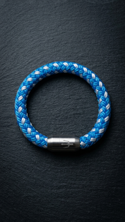 Blau-weisses geflochtenes Seilarmband mit Edelstahlverschluss als Produktfoto auf dunklem Schiefer