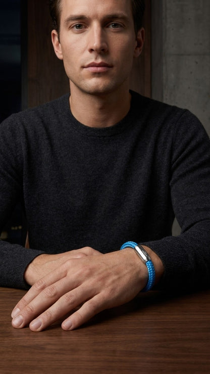 Blaues geflochtenes Armband mit silberfarbenem Dreizack Verschluss am Handgelenk eines Models am Tisch.