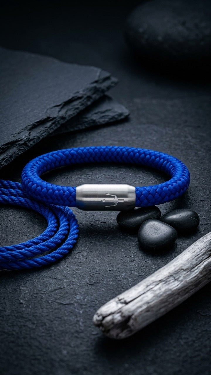 Blaues geflochtenes Armband mit silberfarbenem Dreizack Verschluss als Stillleben mit Holz, schwarzen Steinen und Schiefer.