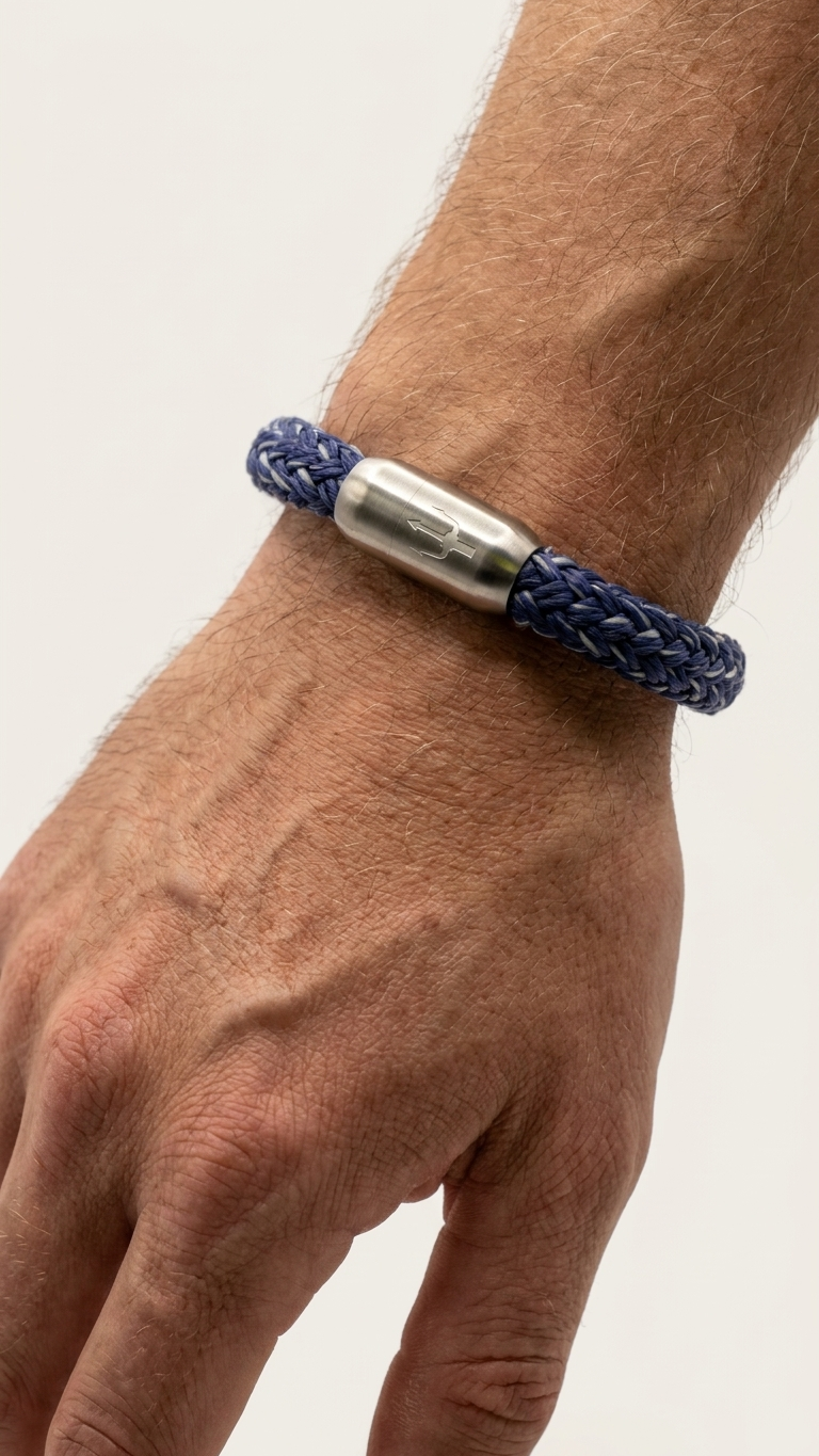 Blaues geflochtenes Seilarmband mit Edelstahlverschluss als Detailaufnahme am Handgelenk
