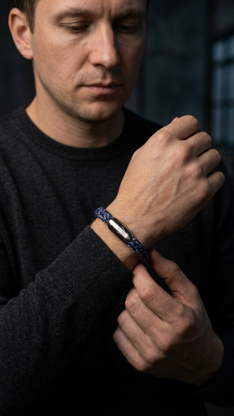 Model trägt blaues geflochtenes Seilarmband mit Edelstahlverschluss am Handgelenk