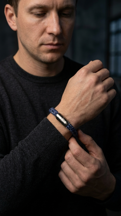 Model trägt blaues geflochtenes Seilarmband mit Edelstahlverschluss am Handgelenk