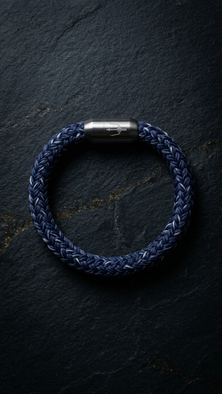 Blaues geflochtenes Seilarmband mit Edelstahlverschluss als Produktfoto auf dunklem Schiefer