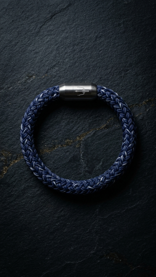 Blaues geflochtenes Seilarmband mit Edelstahlverschluss als Produktfoto auf dunklem Schiefer
