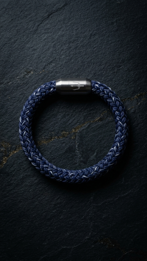 Blaues geflochtenes Seilarmband mit Edelstahlverschluss als Produktfoto auf dunklem Schiefer