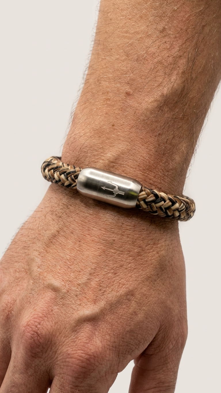 Braun-beige-schwarzes geflochtenes Seilarmband mit Edelstahlverschluss als Detailaufnahme am Handgelenk