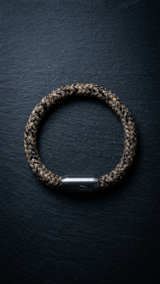 Braun-beige-schwarzes geflochtenes Seilarmband mit Edelstahlverschluss als Produktfoto auf dunklem Schiefer