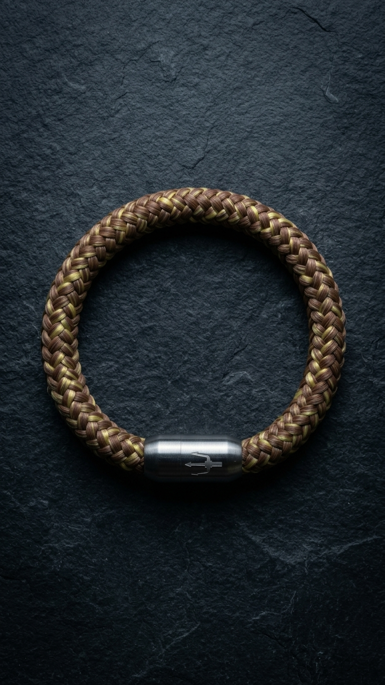 Braun-oliv-goldenes geflochtenes Seilarmband mit Edelstahlverschluss als Produktfoto auf dunklem Schiefer