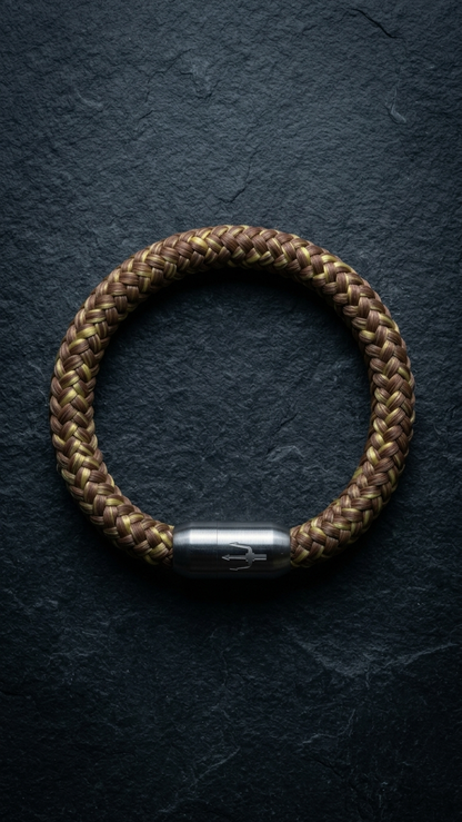 Braun-oliv-goldenes geflochtenes Seilarmband mit Edelstahlverschluss als Produktfoto auf dunklem Schiefer