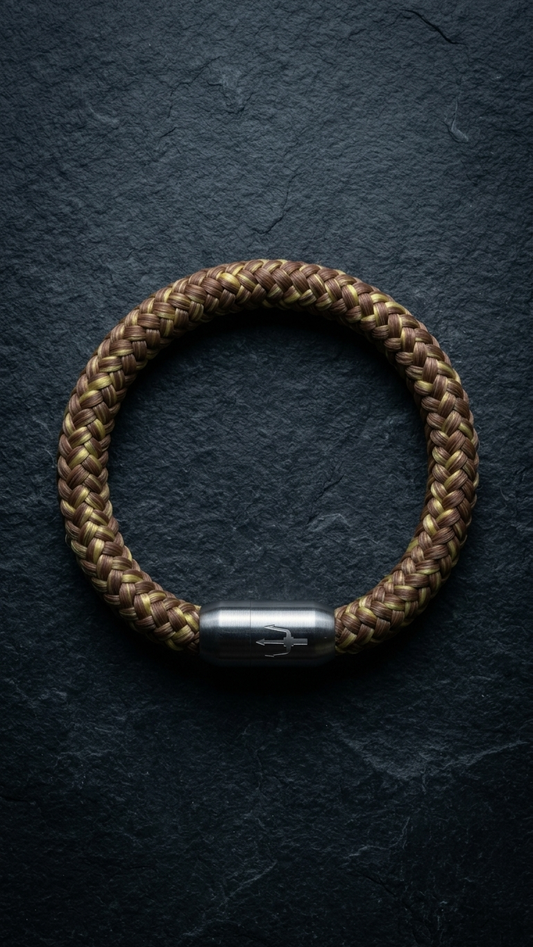 Braun-oliv-goldenes geflochtenes Seilarmband mit Edelstahlverschluss als Produktfoto auf dunklem Schiefer