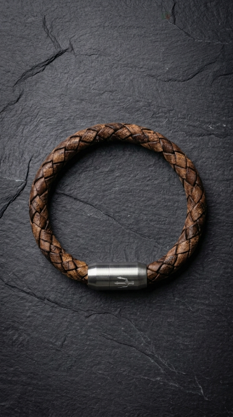 Braunes geflochtenes Lederarmband mit Edelstahlverschluss auf dunklem Schiefer