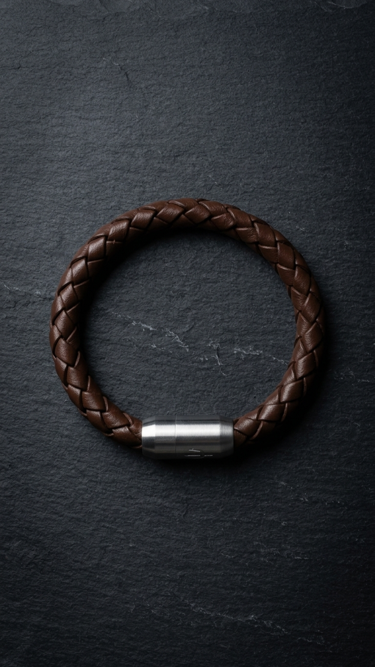 Braunes geflochtenes Lederarmband mit silberfarbenem Verschluss auf dunklem Schiefer.