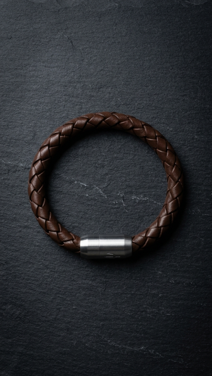 Braunes geflochtenes Lederarmband mit silberfarbenem Verschluss auf dunklem Schiefer.